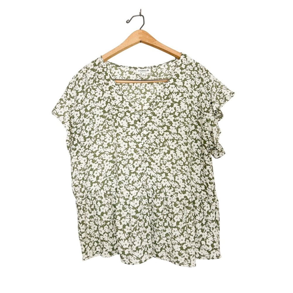 Bobeau Women's Green Floral Print Flowy Short Sleeve Blouse XL